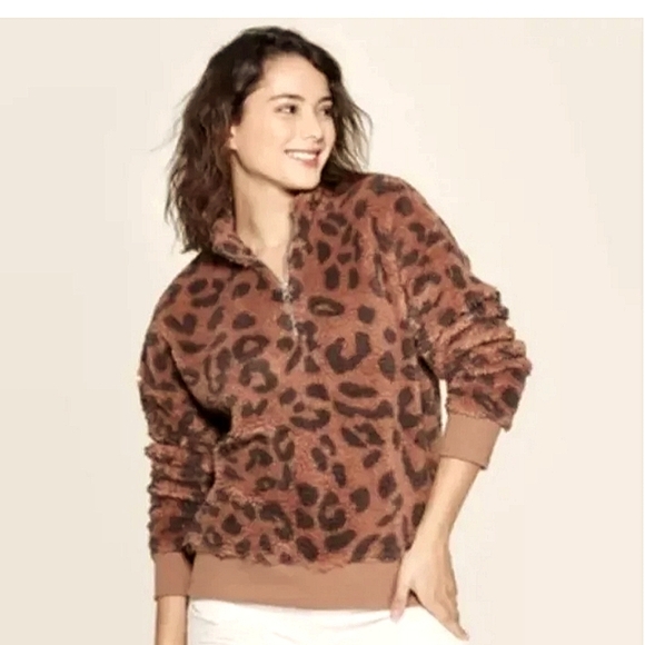 GRAYSON THREADS Leopard print sherpa/fleece pullover 1/4 zip jacket. Size XXL - Picture 1 of 13